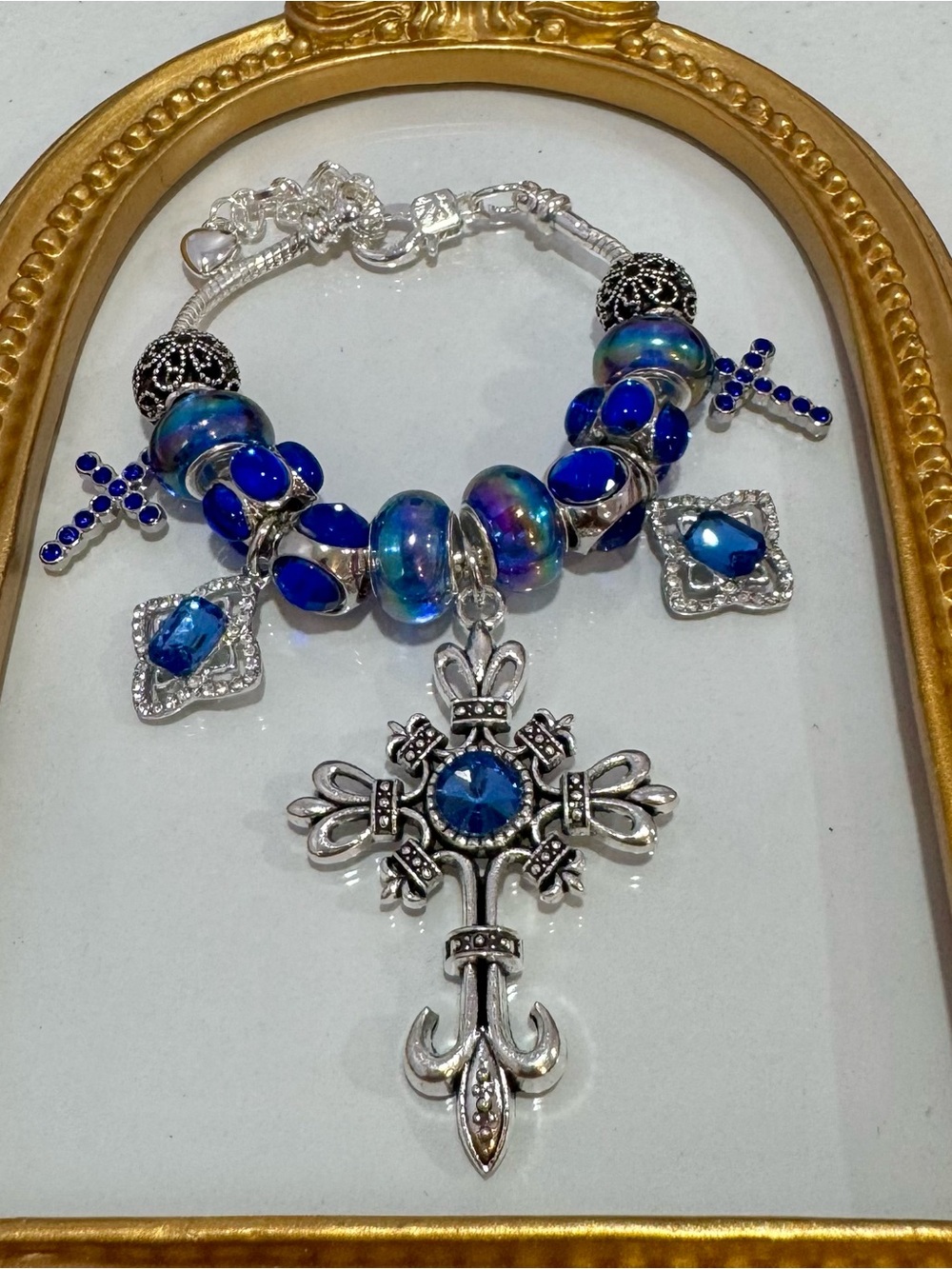 New Silver Tone Blue Crystal Cross Charm Bracelet